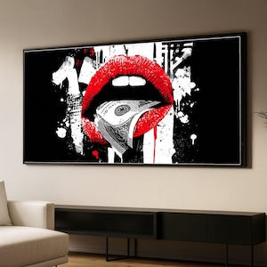Bold Red Lips Dollar Bill Pop Art Canvas, Modern Urban Statement Wall Art