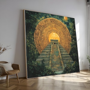 May include: Large framed artwork depicting a Mayan pyramid with a circular calendar design in a jungle setting. The artwork features a warm color palette with gold, green, and brown tones. The pyramid has a long staircase leading to a temple.