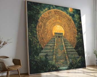 Ancient Mayan Pyramid Canvas Art, Aztec Calendar Wall Decor, Tribal Ruins Landscape, Mystical Nature Scene, Home Decoration Canvas