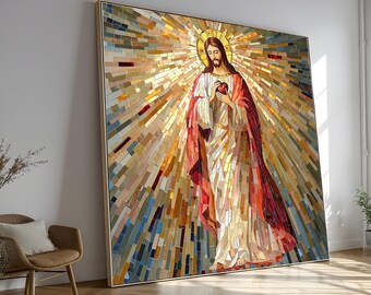 May include: Large framed mosaic art depicting a religious figure with a golden halo and a red heart. The artwork features a radiant background with a mosaic of colourful tiles. The figure is wearing white and red robes.