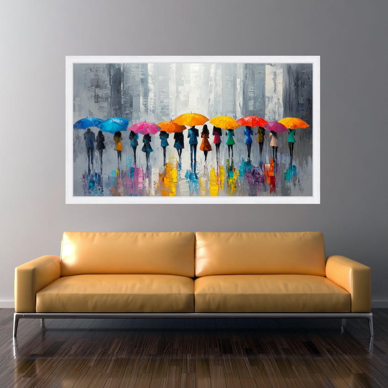 Colorful Umbrella Parade Canvas, Abstract City Rain Scene, Modern Silhouette Art, Vibrant Urban Wall Decor, Ready to Hang Canvas Wall Art image 9