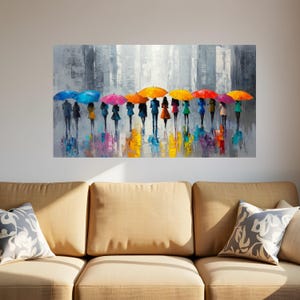 Colorful Umbrella Parade Canvas, Abstract City Rain Scene, Modern Silhouette Art, Vibrant Urban Wall Decor, Ready to Hang Canvas Wall Art image 8