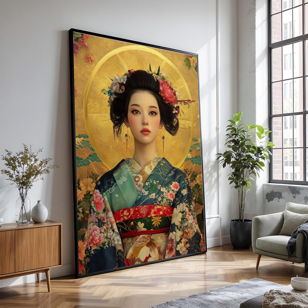 Elegant Geisha Portrait Canvas Wall Art, Traditional Japanese Kimono ...