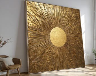 Golden Sunburst Canvas Wall Art: Metallic Textured Statement Piece