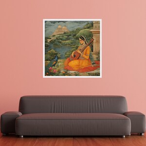 Lienzo vintage de una mujer india con sitar, arte de Rajastán, decoración étnica para el hogar imagen 2