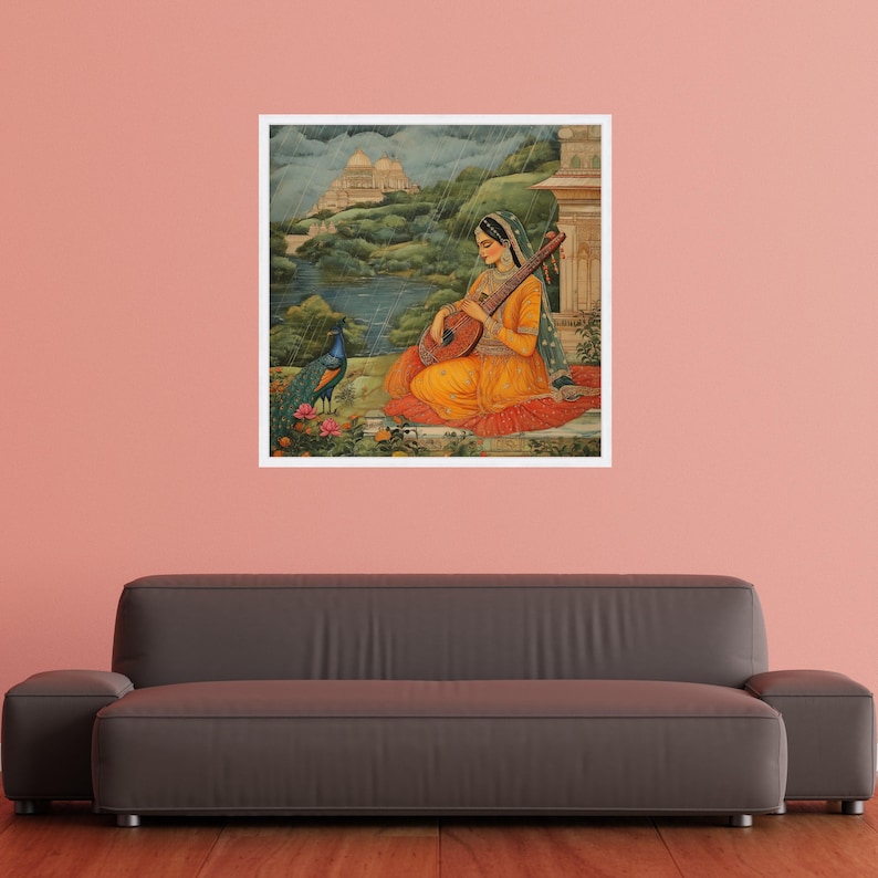 Lienzo vintage de una mujer india con sitar, arte de Rajastán, decoración étnica para el hogar imagen 2
