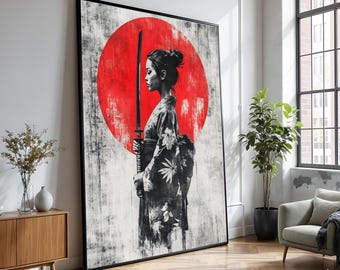 Samurai Woman with Katana Sword, Red Rising Sun Canvas, Japanese Warrior Art, Kimono Wall Decor, Asian Canvas Wall Art