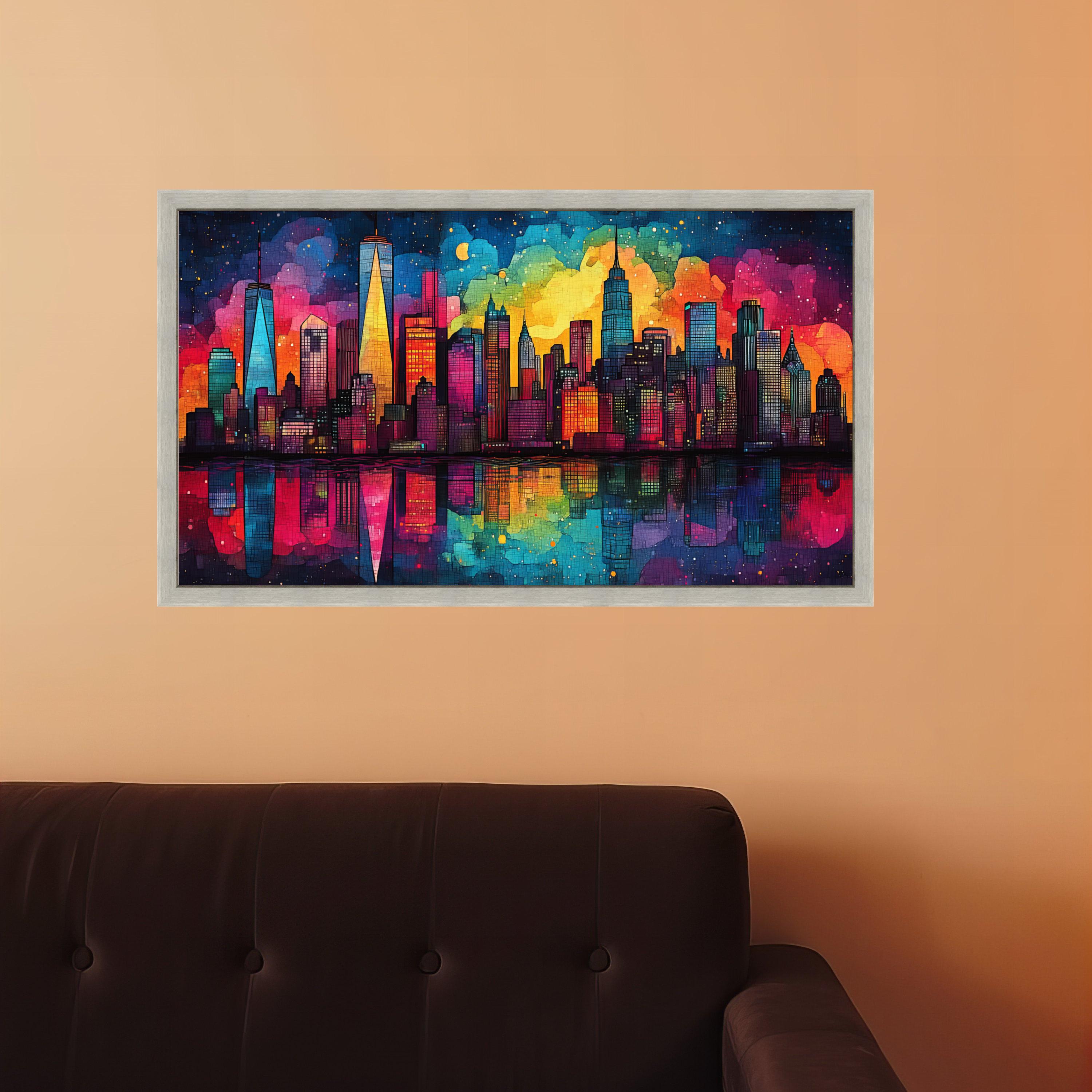 Vibrant Cityscape Canvas Wall Art, Colorful Skyline Reflection