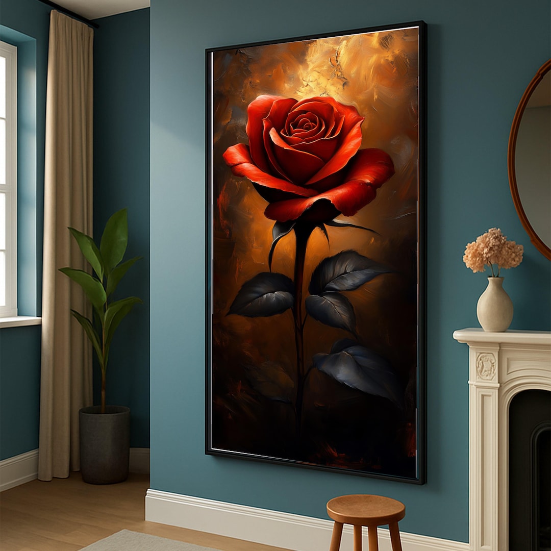 Elegant Red Rose Canvas Wall Art, Romantic Floral Painting, Dark ...
