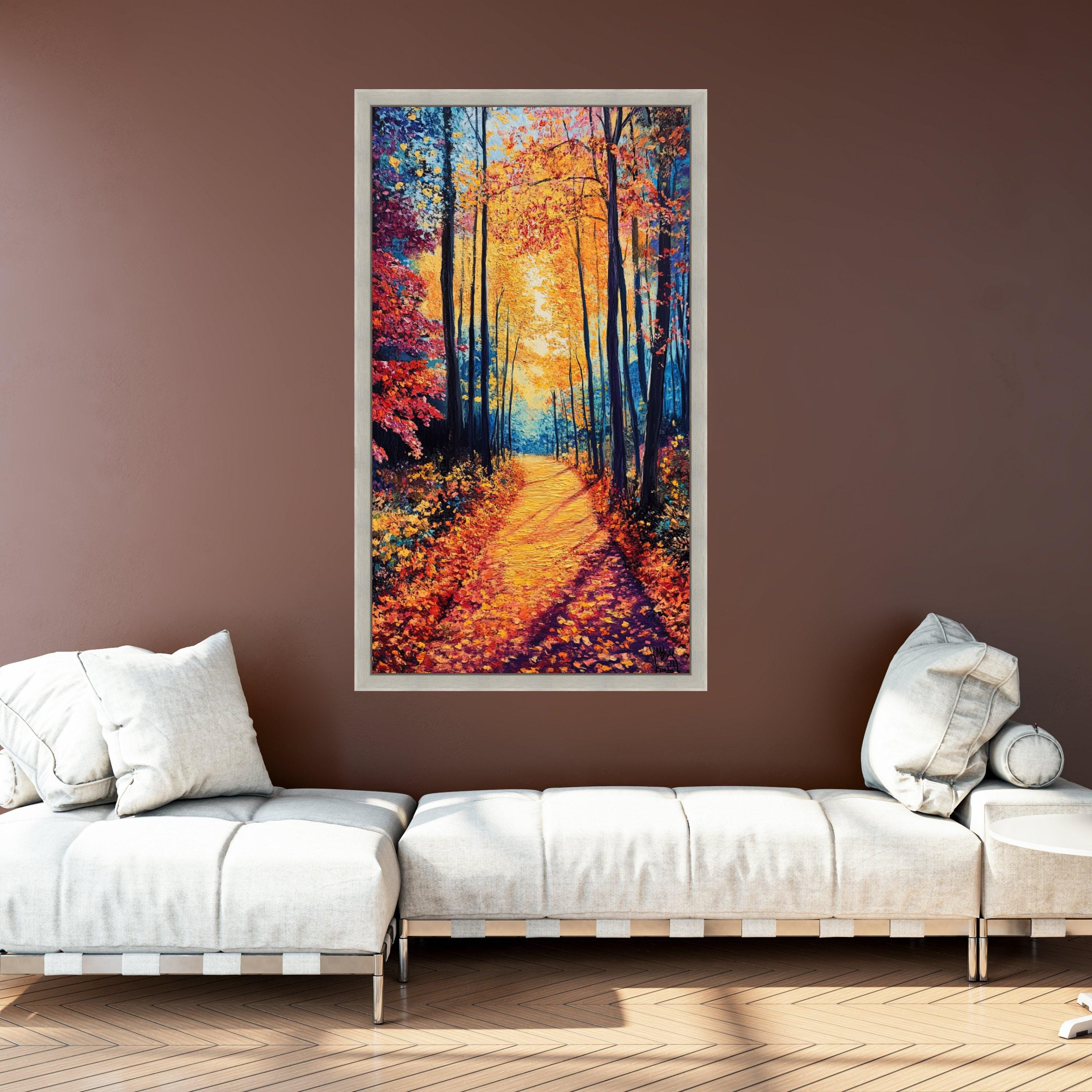 Autumn Forest Path Canvas Wall Art, Vibrant Fall Trees Painting ...