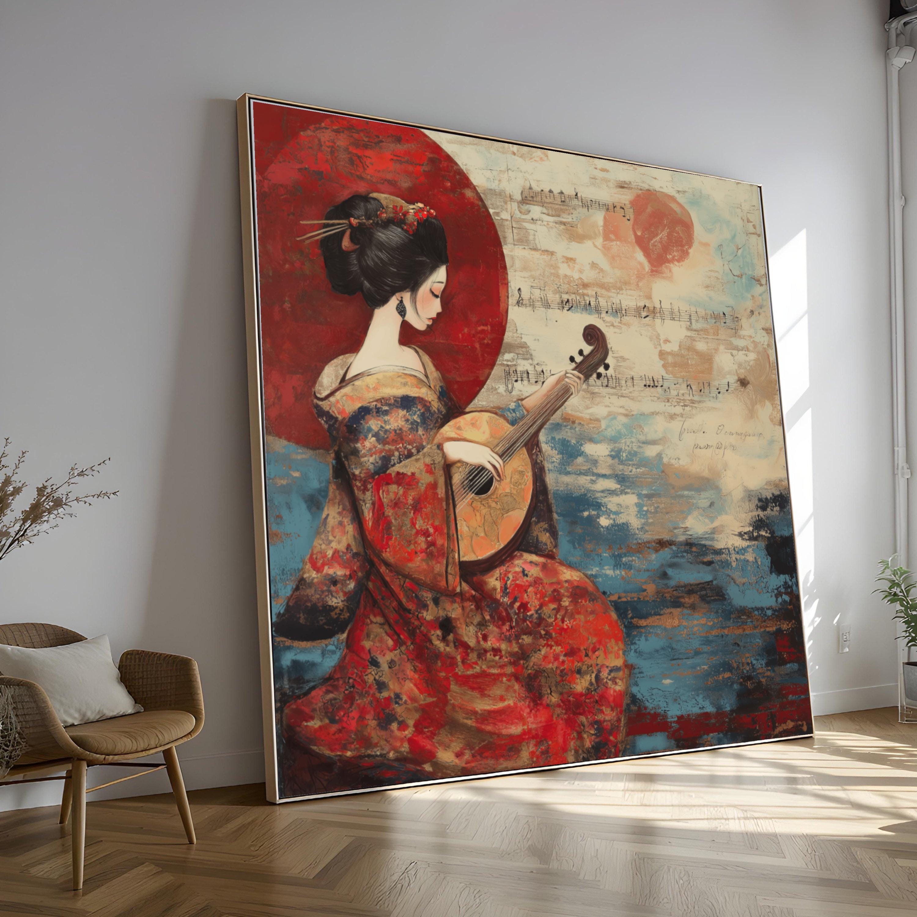 「Di Masea」JuliaＷeist￼額61.5×46.5絵￼31×33cm Japanese Geisha Mandolin Canvas Art, Oriental Music Wall Decor - Etsy