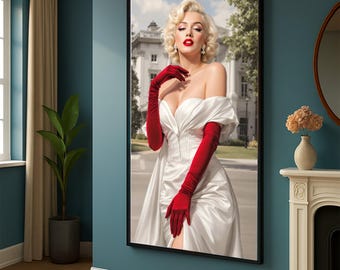 Lienzo elegante de mujer glamurosa vintage, arte de moda con guantes rojos, estilo retro de Hollywood, decoración de pared con retrato de lujo, impresión en lienzo de belleza clásica.