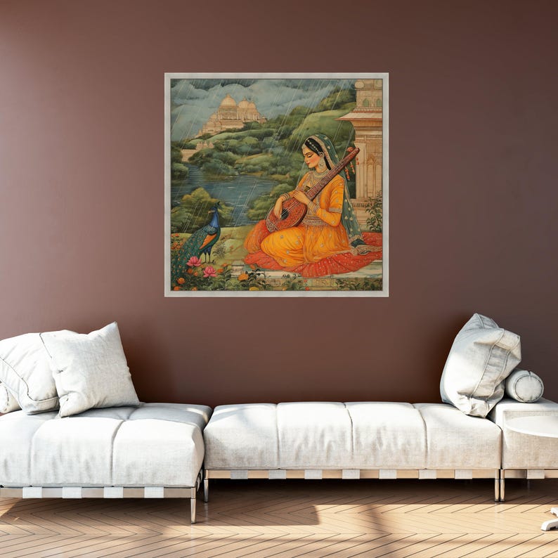 Lienzo vintage de una mujer india con sitar, arte de Rajastán, decoración étnica para el hogar imagen 8