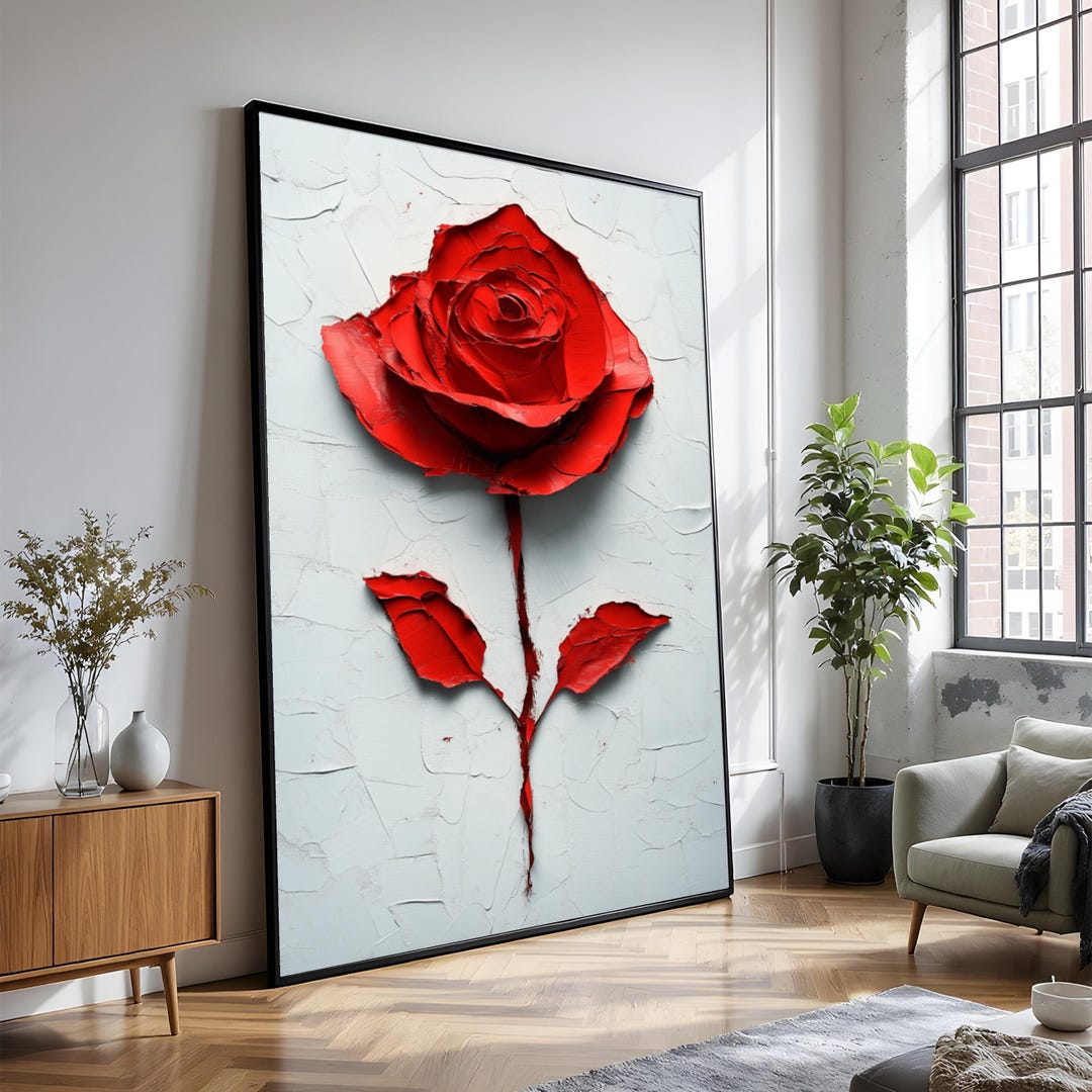 Bold Red Rose Canvas, Floral Wall Art, Modern Flower Painting, Romantic ...