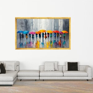 Colorful Umbrella Parade Canvas, Abstract City Rain Scene, Modern Silhouette Art, Vibrant Urban Wall Decor, Ready to Hang Canvas Wall Art image 5