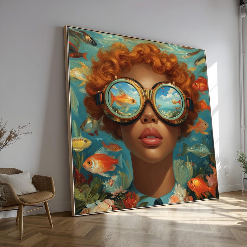 Surreal Underwater Vision, Redhead Woman with Steampunk Goggles Canvas, Fish and Ocean Scene Wall Art, Colorful Artistic Portrait Canvas image 1