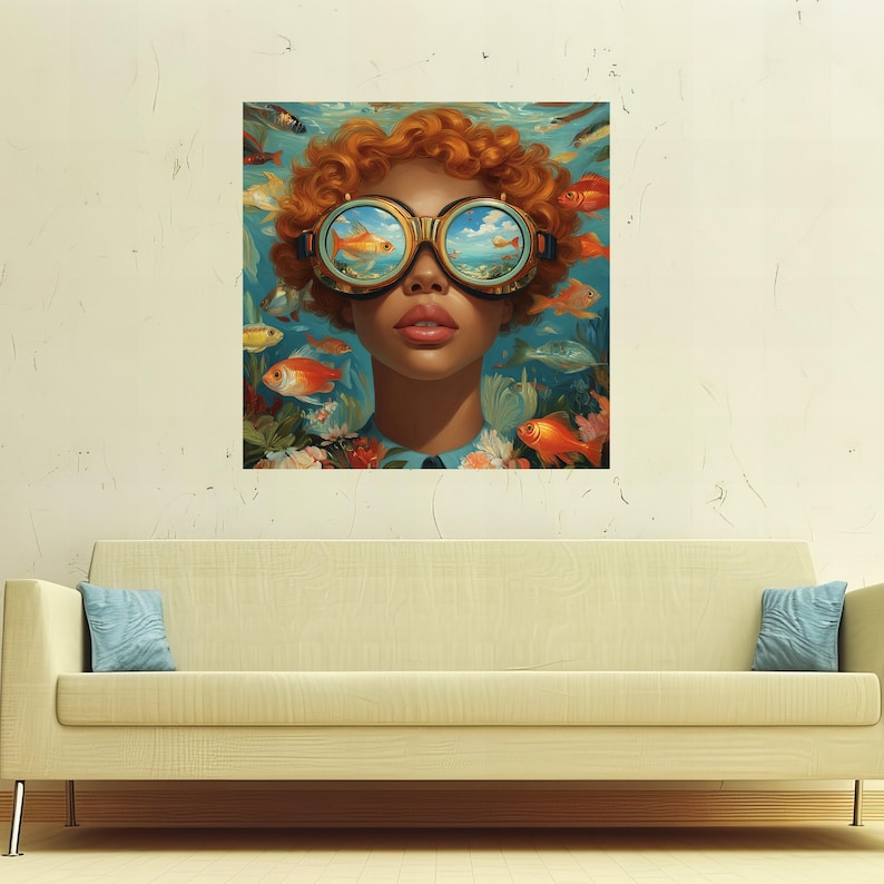 Surreal Underwater Vision, Redhead Woman with Steampunk Goggles Canvas, Fish and Ocean Scene Wall Art, Colorful Artistic Portrait Canvas image 10