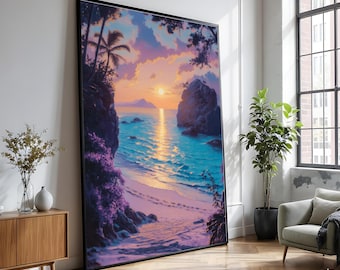 Tropical Sunset Beach Canvas Print, Coastal Seascape Wall Art