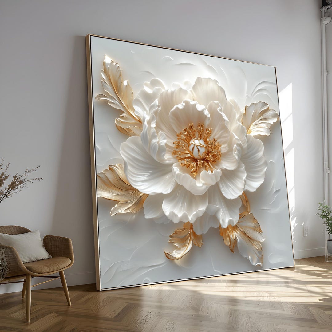 Elegant White and Gold Floral Canvas Wall Art, Digital Flower Design ...