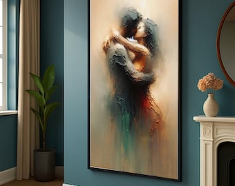 Romantic Embrace Canvas Wall Art, Abstract Couple Painting, Love Art, Modern Relationship Decor, Intimate Kiss Canvas