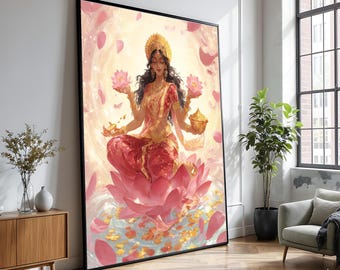 Goddess Lakshmi Canvas Art, Hindu Deity, Lotus Flower Painting