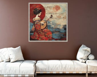 Japanese Geisha Mandolin Canvas Art, Oriental Music Wall Decor - Etsy