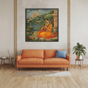 Lienzo vintage de una mujer india con sitar, arte de Rajastán, decoración étnica para el hogar imagen 4
