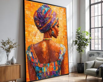 Vibrant African Woman Mosaic Canvas, Colorful Headwrap Wall Art, Ethnic Portrait Canvas, Modern Abstract Home Decoration