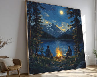 Moonlit Campfire Canvas Print, Lake, Mountain Scenery Wall Art