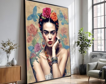 Lienzo con retrato floral vibrante, arte mural de Frida, lienzo de mujer boho chic, corona de flores colorida, obra de joyería étnica, lienzo para decoración del hogar
