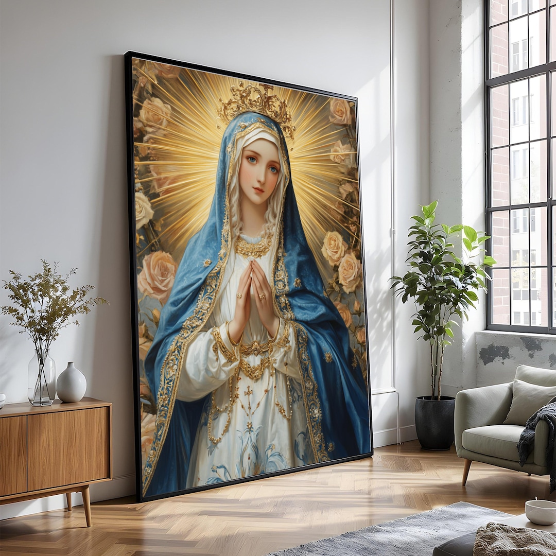 Virgin Mary Canvas Wall Art, Religious Catholic Icon, Blue and Gold ...