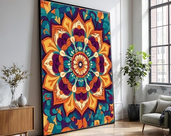 Bohemian Mandala Canvas Art, Abstract Floral Pattern, Psychedelic Wall Decor
