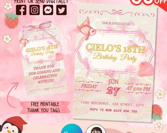 Invito di compleanno Pink Ocean: tema conchiglia (modello digitale)