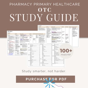 Może przedstawiać: Cyfrowy przewodnik do nauki dla podstawowej opieki zdrowotnej w aptece, zatytułowany "OTC Study Guide". Obraz przedstawia strony notatek do nauki z tekstem "100+ Pages PDF". Widoczny jest również tekst "Study smarter, not harder".