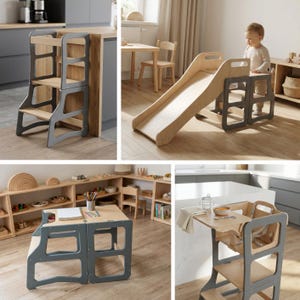 May include: A convertible wooden learning tower and slide set featuring a light wood finish and grey side panels. The structure functions as a step stool, a play slide, a table with a seat, and a high chair with a tray and safety harness.
