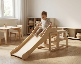 Torre Montessori multifunzionale 4 in 1 / sgabello per bambini, seggiolone per l'allattamento, tavolo trasformabile e set di scivoli in legno