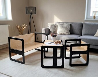 Scandinavian Design Montessori Furniture | Cube Chairs & Toddler Table | Kids Wooden Set