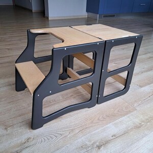 Montessori 4-i-1 småbarnstorn med rutschkana – Träpall, stol och multifunktionella småbarnsmöbler