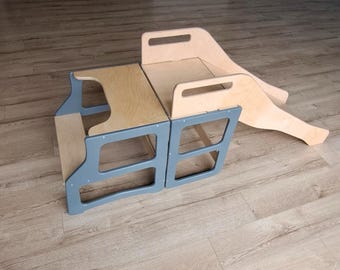 Montessori Wooden Toddler Tower – 4-in-1 Kids Furniture with Slide, Chair, Desk & First Birthday Gift
