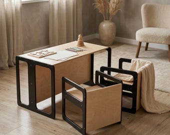 Convertible Baltic Birch Montessori Furniture: 3-in-1 Cube Chair & Table