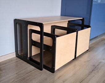 Kids Wooden Activity Table & Chair Set | Montessori Cube Chairs for Toddlers | Learning Furniture