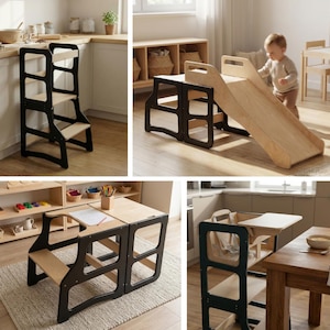 Torre de madeira Montessori 4 em 1 para crianças pequenas com escorregador – Móvel conversível que serve como auxiliar de atividades, escrivaninha, cadeira e cadeira alta.