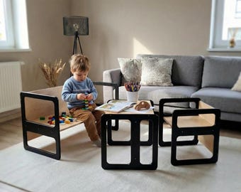 Wooden Montessori Toddler Chair & Table | 3-Piece Convertible Kids Furniture | Nursery Gift