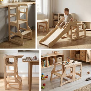 May include: A light-colored wooden learning tower that converts into a slide, a table, and a chair. The structure features a multi-functional design with cut-out side panels, a flat platform, and a ramp, crafted from smooth, natural-finish plywood.