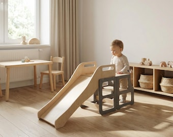 Torre Montessori in legno per bambini – Mobile 4 in 1 con scivolo, sedia, scrivania e regalo per il primo compleanno