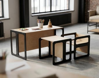 Solid Wood Montessori Table & Chairs: Adjustable Birch Plywood Furniture
