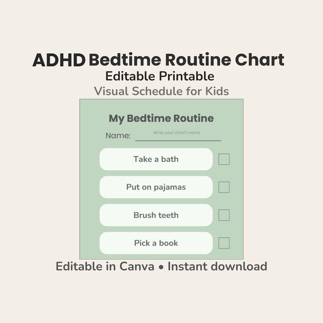 ADHD Bedtime Routine Chart for Kids | Editable Printable Visual ...