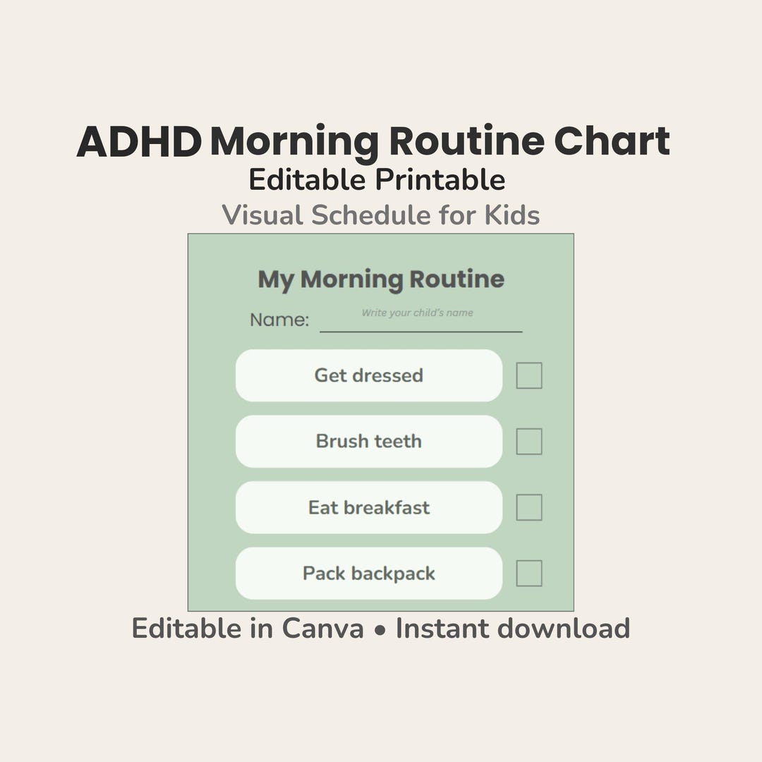 ADHD Morning Routine Chart for Kids | Editable Printable Visual ...