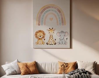 Cuadro neutro de safari para habitación infantil, con adorables animales bebés y arcoíris. Lienzo con estampado de la jungla unisex, ideal para la habitación de los niños o como regalo para un baby shower.
