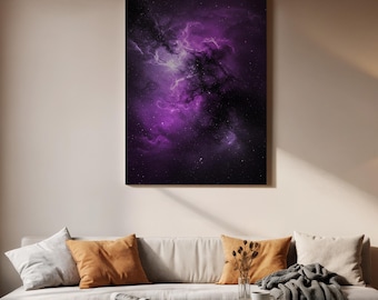 紫色の銀河キャンバスプリント、宇宙の壁アート、星雲の装飾